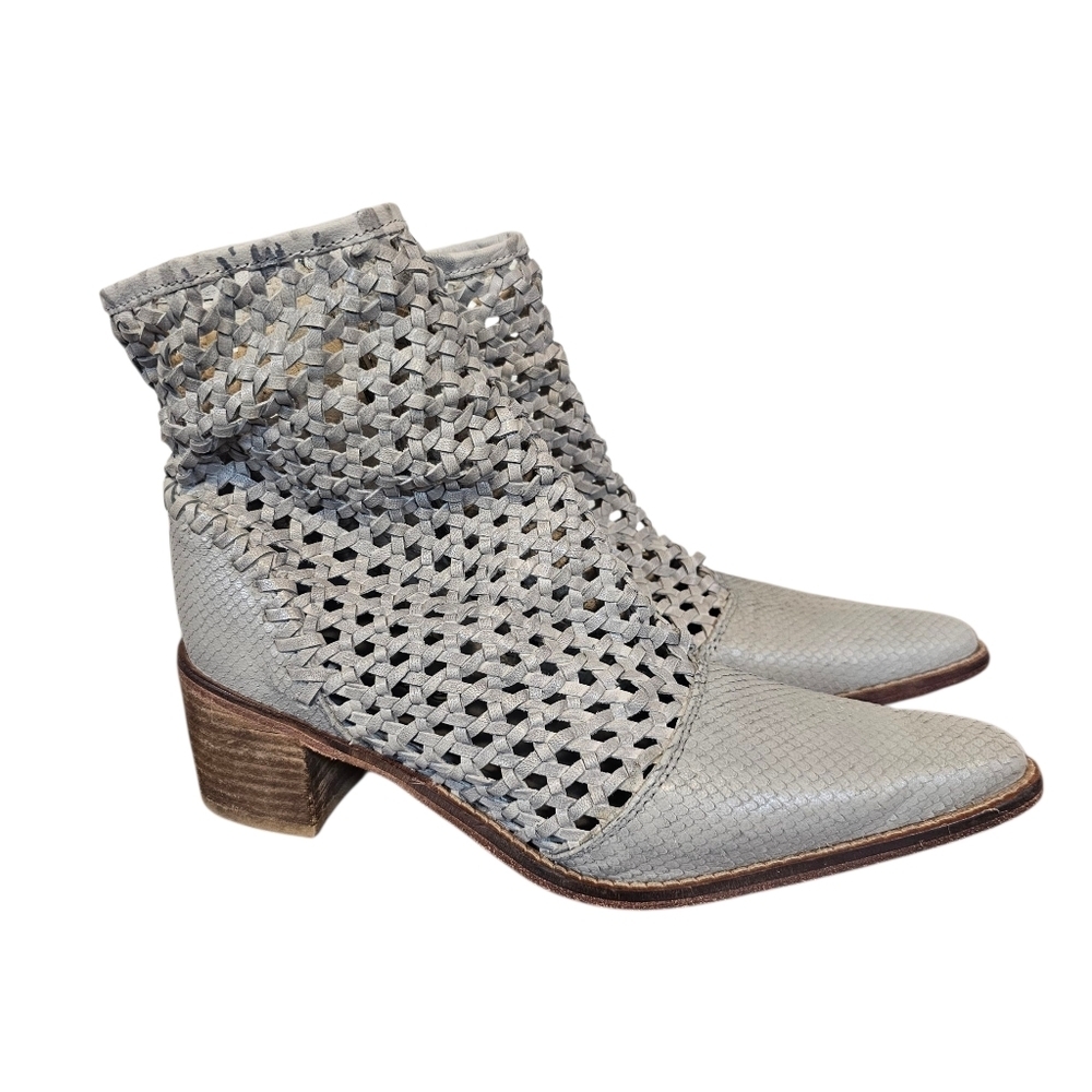 Free People In The Loop Textured Leather Woven Cutout Heels Ankle Boots